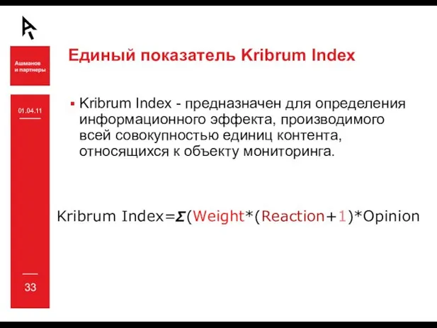 Единый показатель Kribrum Index Kribrum Index - предназначен для определения информационного эффекта,