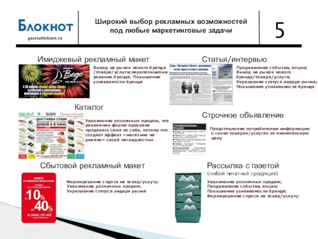 Широкий выбор рекламных возможностей под любые маркетинговые задачи 5 Статья/интервью Сбытовой рекламный