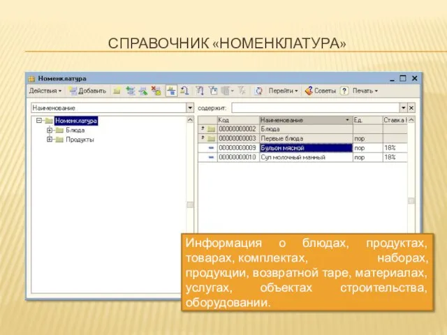 СПРАВОЧНИК «НОМЕНКЛАТУРА» Информация о блюдах, продуктах, товарах, комплектах, наборах, продукции, возвратной таре,