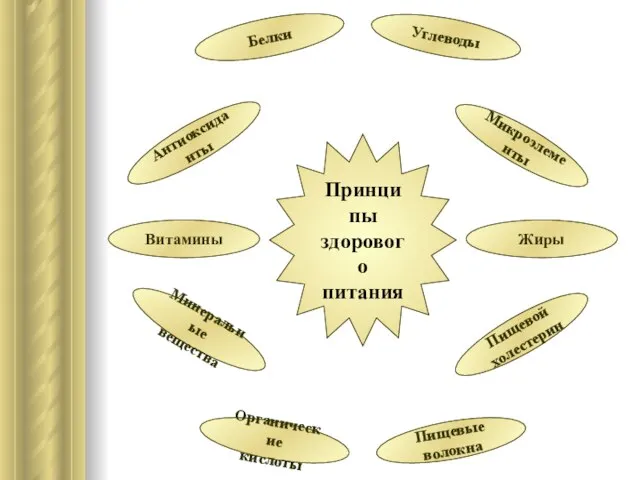 Белки Жиры Пищевой холестерин Углеводы Пищевые волокна Витамины Микроэлементы Минеральные вещества Органические