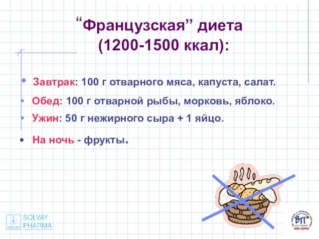 “Французская” диета (1200-1500 ккал): Завтрак: 100 г отварного мяса, капуста, салат. Обед: