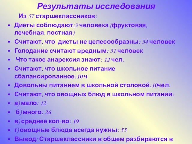 Результаты исследования Из 57 старшеклассников: Диеты соблюдают:3 человека (фруктовая, лечебная. постная) Считают,