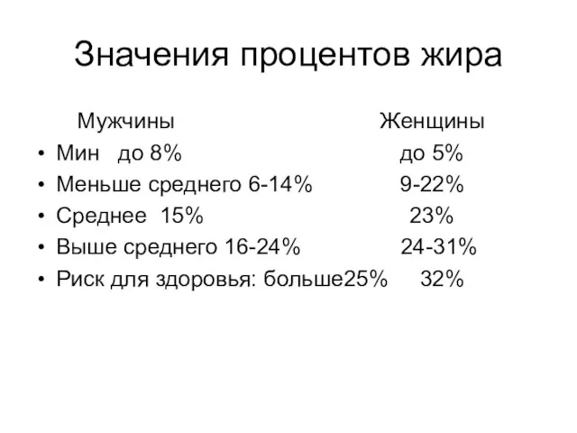 Значения процентов жира Мужчины Женщины Мин до 8% до 5% Меньше среднего