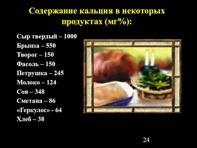 Содержание кальция в некоторых продуктах (мг%): Сыр твердый – 1000 Брынза –