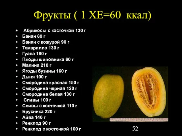 Фрукты ( 1 ХЕ=60 ккал) Абрикосы с косточкой 130 г Банан 60