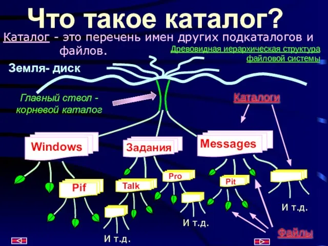 Что такое каталог? Каталог - это перечень имен других подкаталогов и файлов.