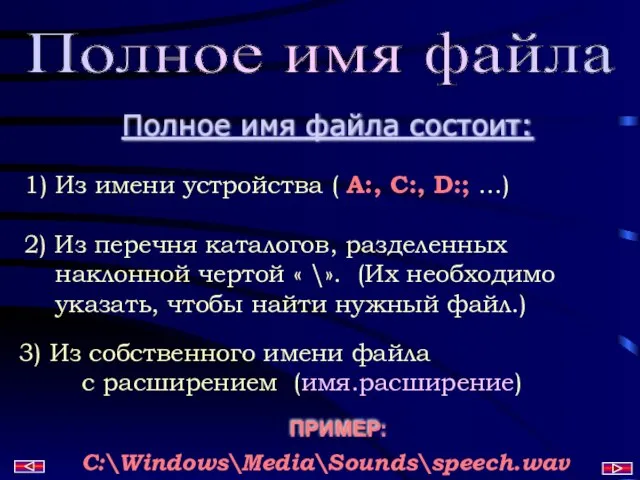 Полное имя файла Полное имя файла состоит: 1) Из имени устройства (