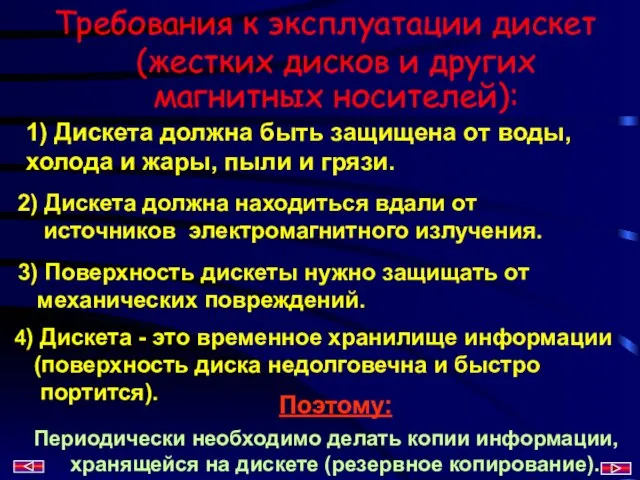 Требования к эксплуатации дискет 1) Дискета должна быть защищена от воды, холода