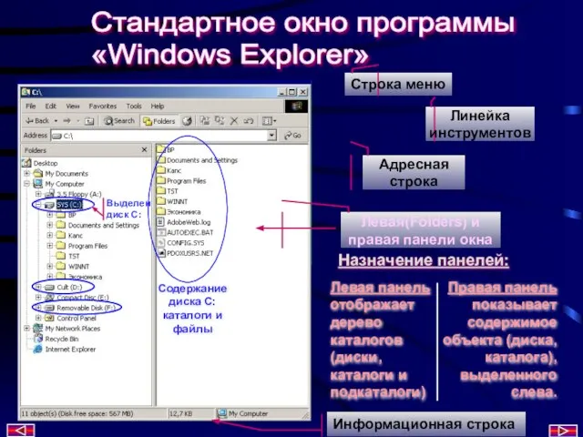 Стандартное окно программы «Windows Explorer» Строка меню Линейка инструментов Адресная строка Назначение