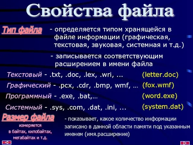 Свойства файла Тип файла - определяется типом хранящейся в файле информации (графическая,