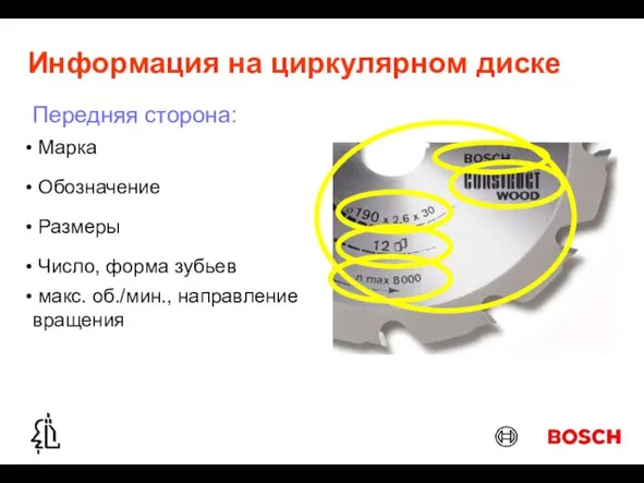 Информация на циркулярном диске Обозначение Размеры Марка Число, форма зубьев макс. об./мин., направление вращения Передняя сторона: