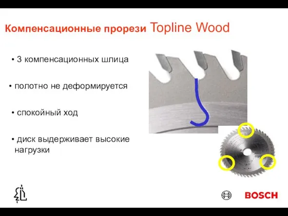 Компенсационные прорези Topline Wood полотно не деформируется спокойный ход 3 компенсационных шлица диск выдерживает высокие нагрузки