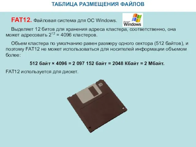ТАБЛИЦА РАЗМЕЩЕНИЯ ФАЙЛОВ FAT12. Файловая система для ОС Windows. Выделяет 12 битов