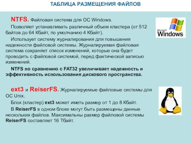 ТАБЛИЦА РАЗМЕЩЕНИЯ ФАЙЛОВ NTFS. Файловая система для ОС Windows. Позволяет устанавливать различный
