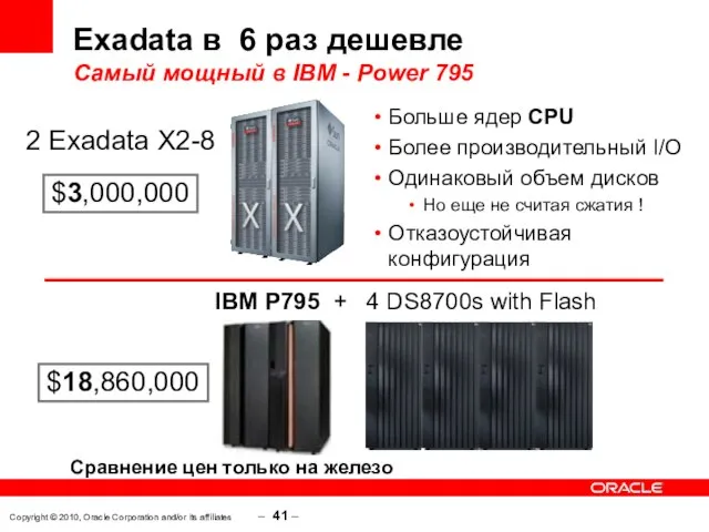 Exadata в 6 раз дешевле Самый мощный в IBM - Power 795