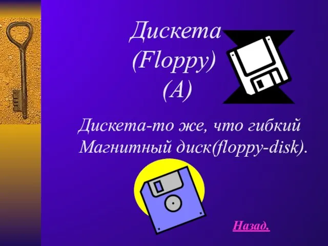 Дискета (Floppy) (A) Дискета-то же, что гибкий Магнитный диск(floppy-disk). Назад.