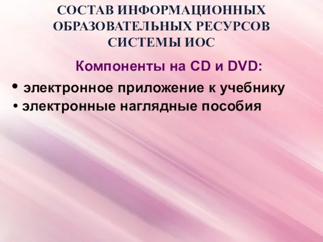 СОСТАВ ИНФОРМАЦИОННЫХ ОБРАЗОВАТЕЛЬНЫХ РЕСУРСОВ СИСТЕМЫ ИОС Компоненты на CD и DVD: электронное