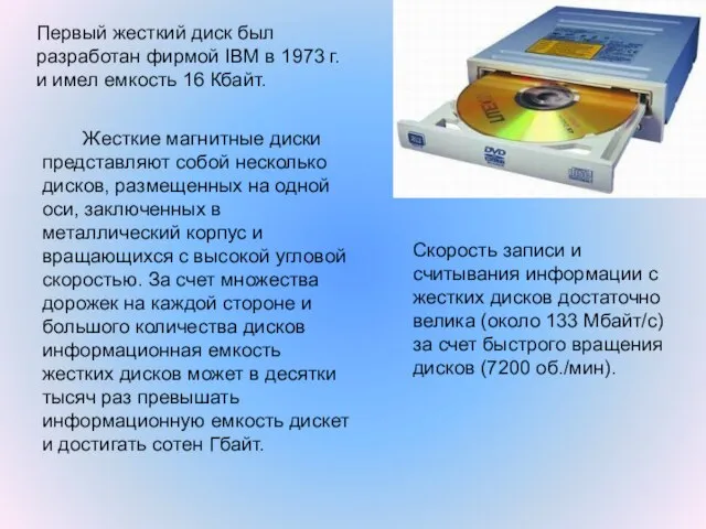 Жесткие магнитные диски представляют собой несколько дисков, размещенных на одной оси, заключенных