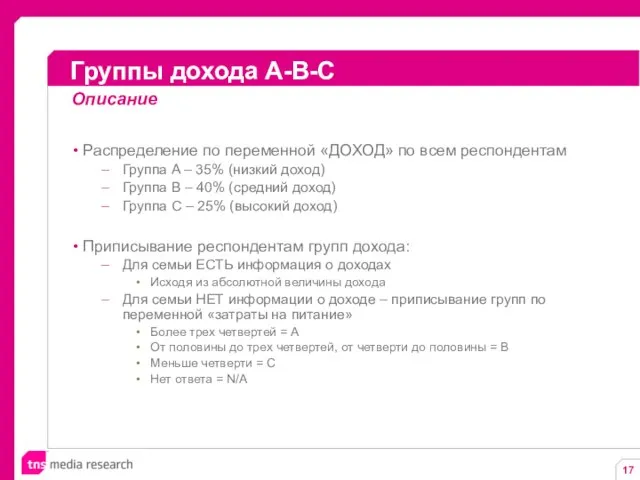 Описание Распределение по переменной «ДОХОД» по всем респондентам Группа A – 35%