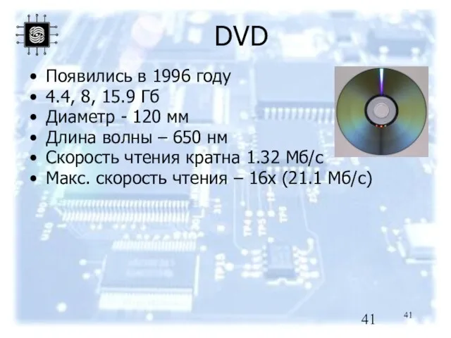 DVD Появились в 1996 году 4.4, 8, 15.9 Гб Диаметр - 120