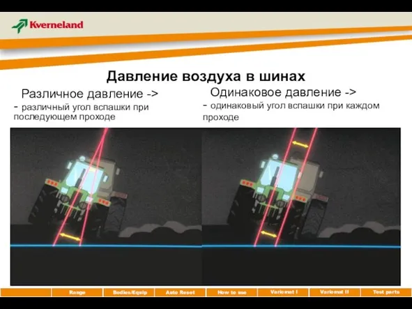 Давление воздуха в шинах Различное давление -> - различный угол вспашки при