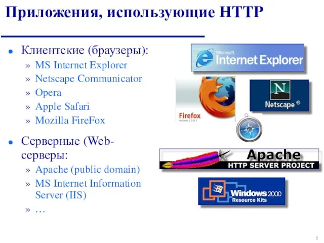 Приложения, использующие HTTP Клиентские (браузеры): MS Internet Explorer Netscape Communicator Оpera Apple
