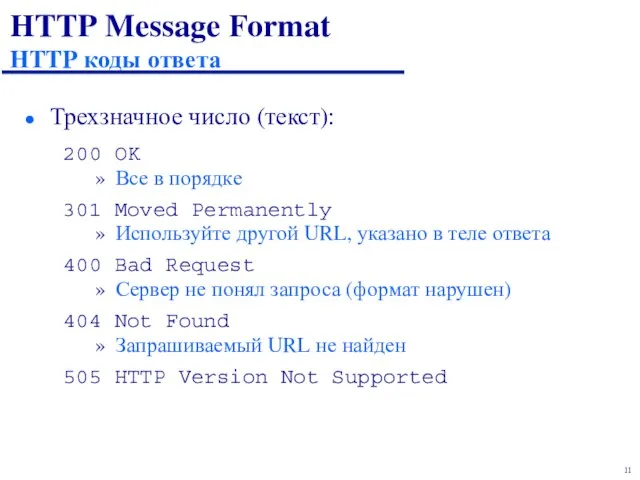 HTTP Message Format HTTP коды ответа 200 OK Все в порядке 301