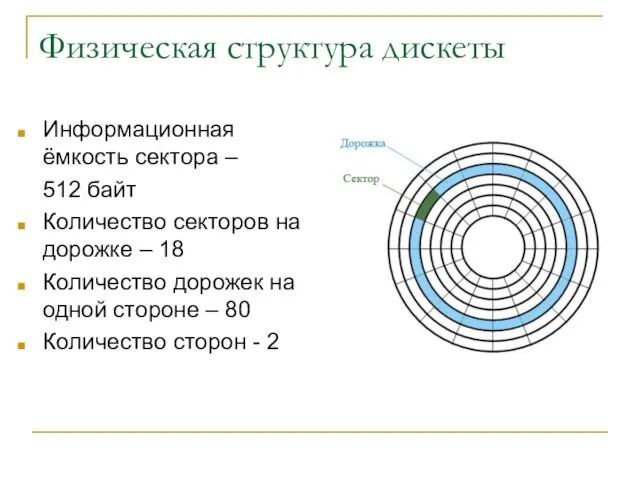 Физическая структура дискеты Информационная ёмкость сектора – 512 байт Количество секторов на