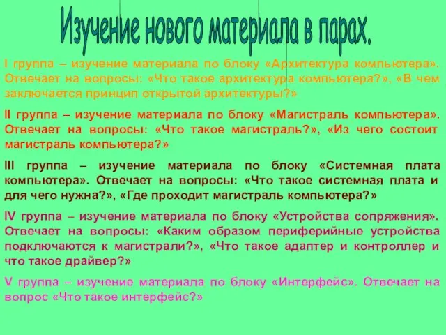 I группа – изучение материала по блоку «Архитектура компьютера». Отвечает на вопросы: