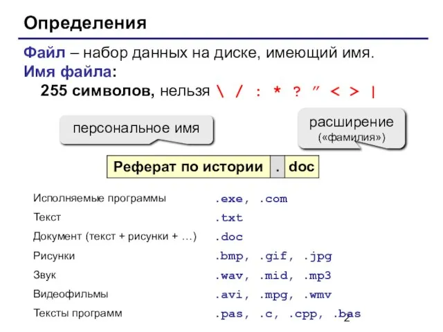 Определения Файл – набор данных на диске, имеющий имя. Имя файла: 255