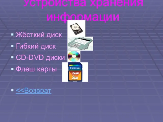 Устройства хранения информации Жёсткий диск Гибкий диск CD-DVD диски Флеш карты