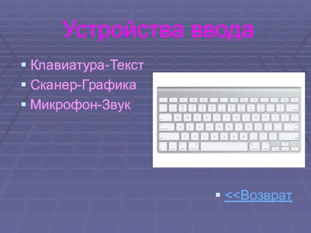 Устройства ввода Клавиатура-Текст Сканер-Графика Микрофон-Звук