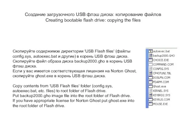 Скопируйте содержимое директории 'USB Flash files' (файлы config.sys, autoexec.bat и другие) в