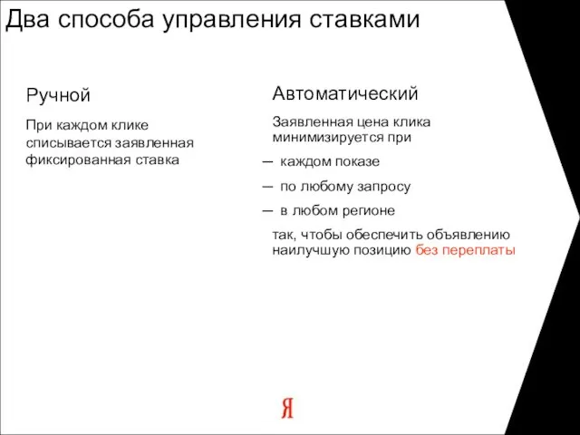 Два способа управления ставками Ручной При каждом клике списывается заявленная фиксированная ставка