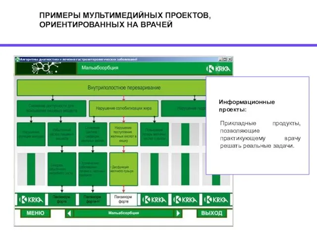 ПРИМЕРЫ МУЛЬТИМЕДИЙНЫХ ПРОЕКТОВ, ОРИЕНТИРОВАННЫХ НА ВРАЧЕЙ Информационные проекты: Прикладные продукты, позволяющие практикующему врачу решать реальные задачи.