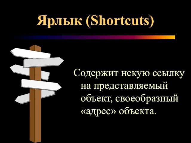 Ярлык (Shortcuts) Содержит некую ссылку на представляемый объект, своеобразный «адрес» объекта.