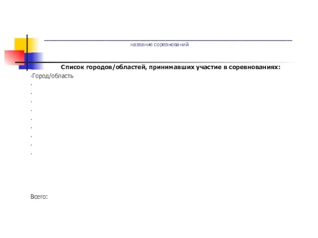 _________________________________________________ название соревнований Список городов/областей, принимавших участие в соревнованиях: ∙Город/область ∙ ∙