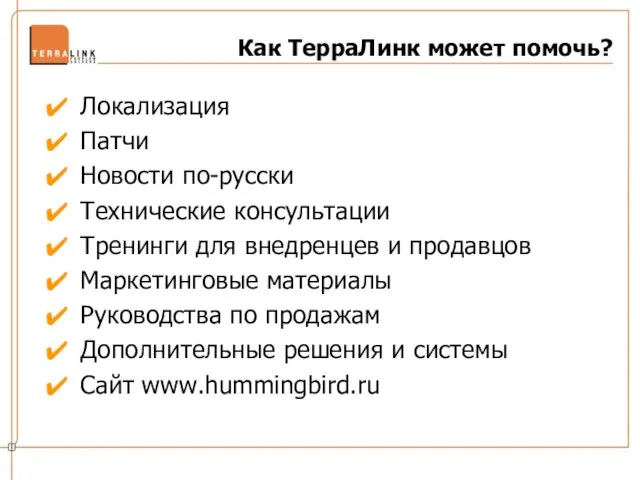 Как ТерраЛинк может помочь? Локализация Патчи Новости по-русски Технические консультации Тренинги для