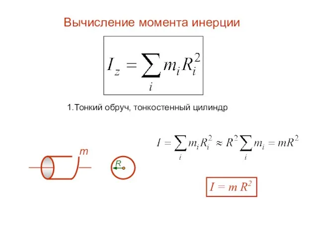 Вычисление момента инерции 1.Тонкий обруч, тонкостенный цилиндр m I = m R2