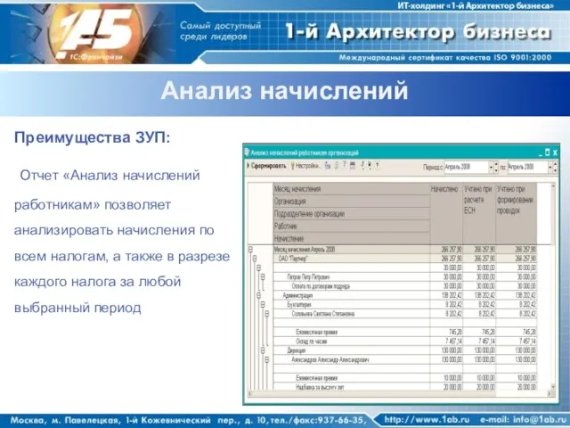 Анализ начислений Преимущества ЗУП: Отчет «Анализ начислений работникам» позволяет анализировать начисления по