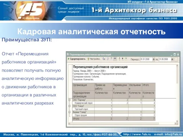 Кадровая аналитическая отчетность Преимущества ЗУП: Отчет «Перемещения работников организаций» позволяет получать полную