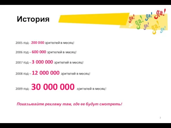 История 2005 год - 200 000 зрителей в месяц! 2006 год –