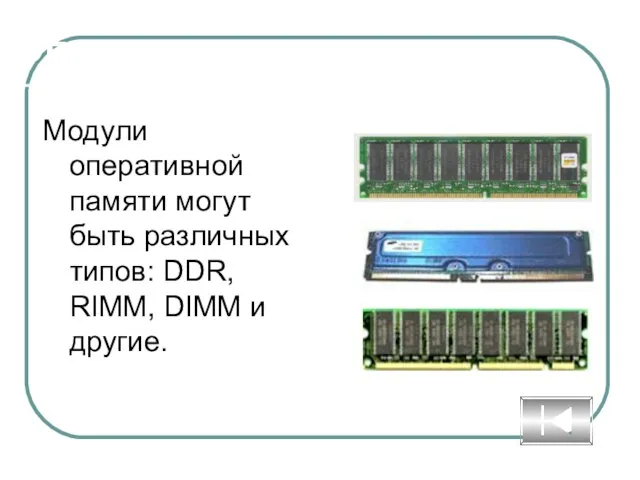 Оперативная память Модули оперативной памяти могут быть различных типов: DDR, RIMM, DIMM и другие.