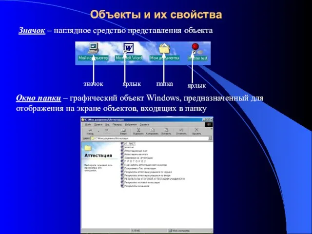 Объекты и их свойства Значок – наглядное средство представления объекта значок ярлык