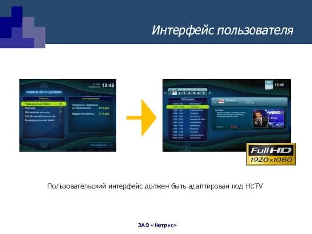 Интерфейс пользователя Пользовательский интерфейс должен быть адаптирован под HDTV