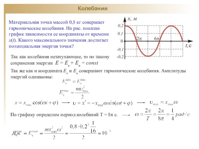 Колебания Материальная точка массой 0,8 кг совершает гармонические колебания. На рис. показан