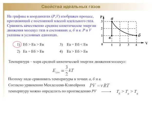 Свойства идеальных газов 1) Еб > Еa > Ев 3) Еа =