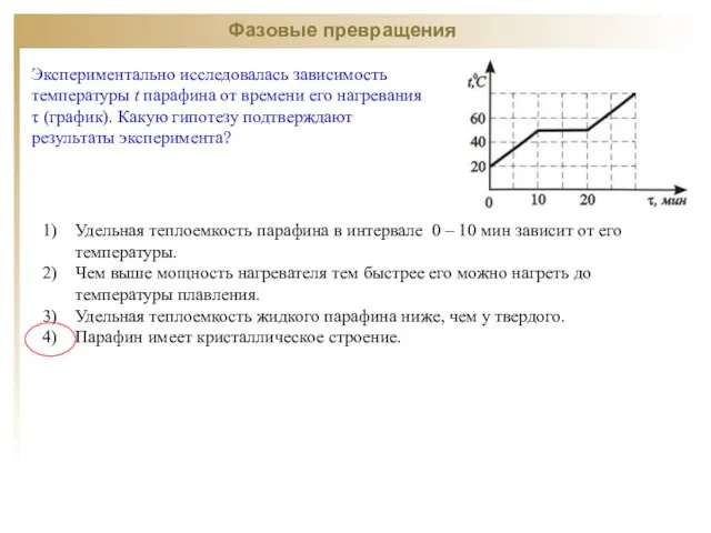 Фазовые превращения Экспериментально исследовалась зависимость температуры t парафина от времени его нагревания