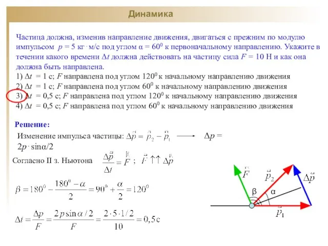 Динамика Частица должна, изменив направление движения, двигаться с прежним по модулю импульсом