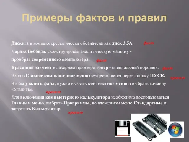 Примеры фактов и правил Дискета в компьютере логически обозначена как диск 3,5А.